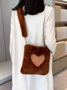 Heart Detail Flannelette Shoulder Bag - Brown - View 2