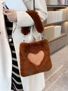 Heart Detail Flannelette Shoulder Bag - Brown - View 4