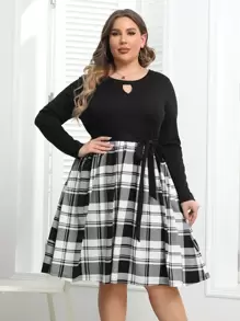 Plus Plaid Keyhole Neckline Tie Side Dress - Black and White - View 1
