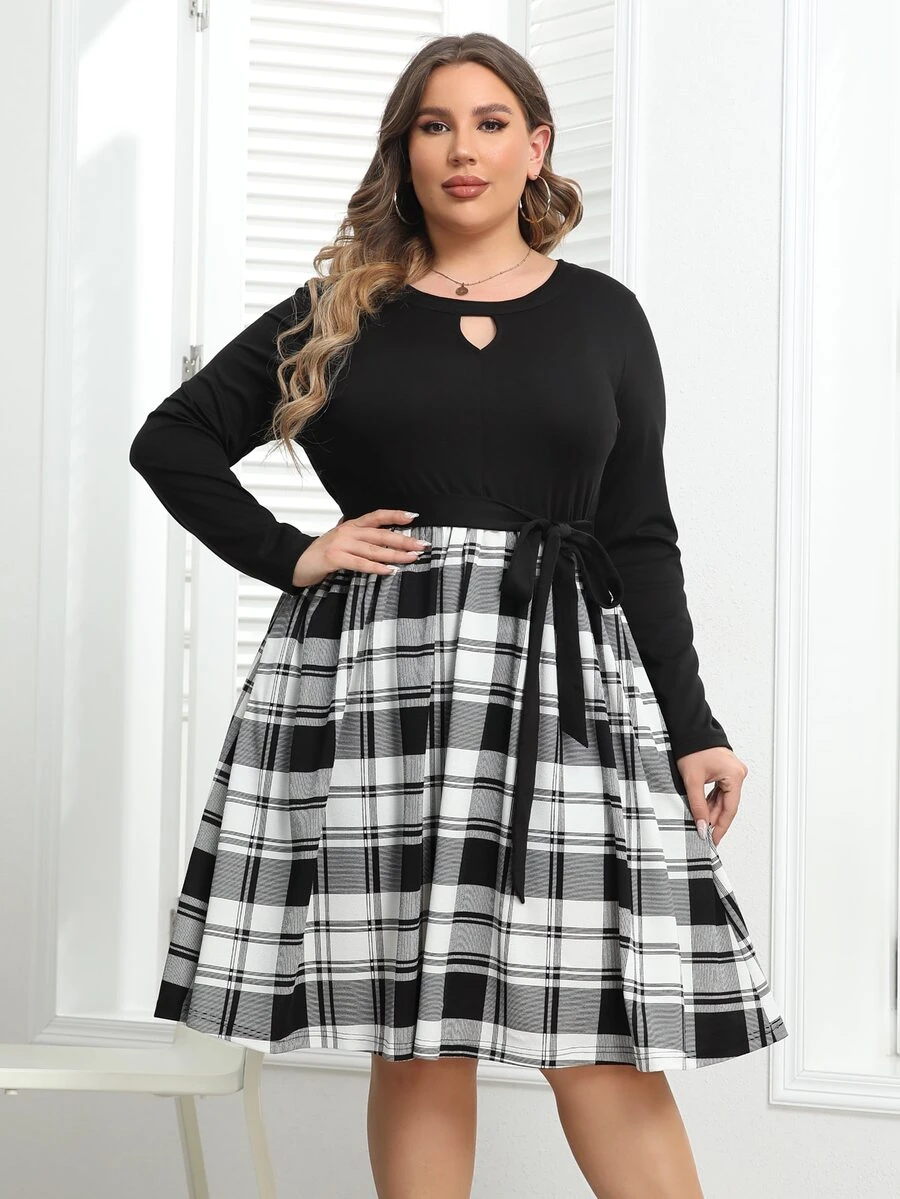 Plus Plaid Keyhole Neckline Tie Side Dress - Black and White - View 1