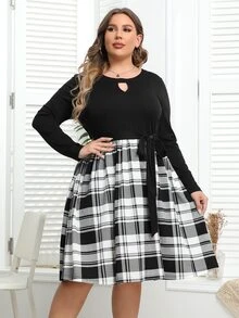 Plus Plaid Keyhole Neckline Tie Side Dress - Black and White - View 4