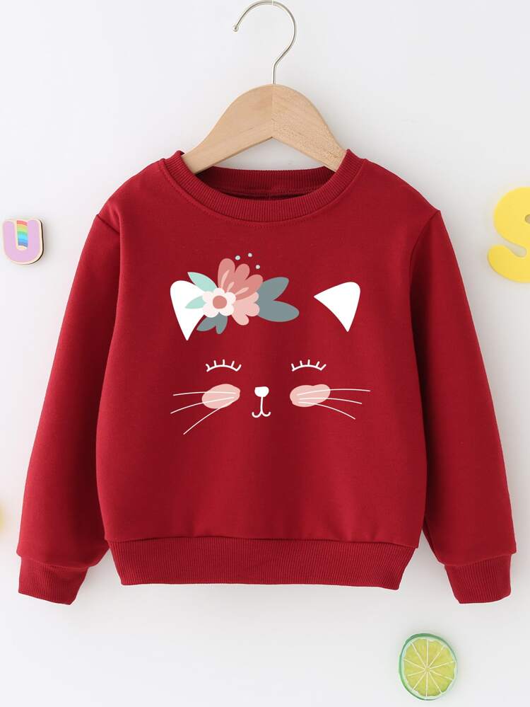 Young Girl Cartoon Cat Print Sweatshirt