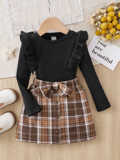SHEIN Young Girl Ribbed Knit Tee & Plaid Bow Front Skirt Plaid Skirt