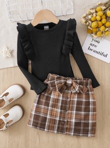 SHEIN Leap Crew 年轻女孩罗纹针织 T 恤和格子蝴蝶结前裙格子裙 - 彩色 - 查看 4