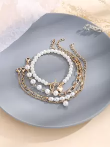 Vòng tay khóa trái tim đính hạt ngọc trai giả OT 4 chiếc cho ngày lễ tình nhân - Vàng - Xem 2