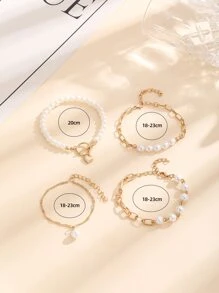 Vòng tay khóa trái tim đính hạt ngọc trai giả OT 4 chiếc cho ngày lễ tình nhân - Vàng - Xem 3