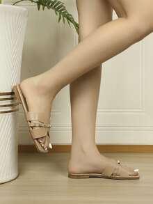 Studded Decor Cut Out Slide Sandals - Apricot - View 2