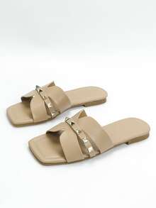 Studded Decor Cut Out Slide Sandals - Apricot - View 3