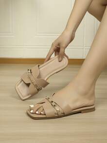 Studded Decor Cut Out Slide Sandals - Apricot - View 5