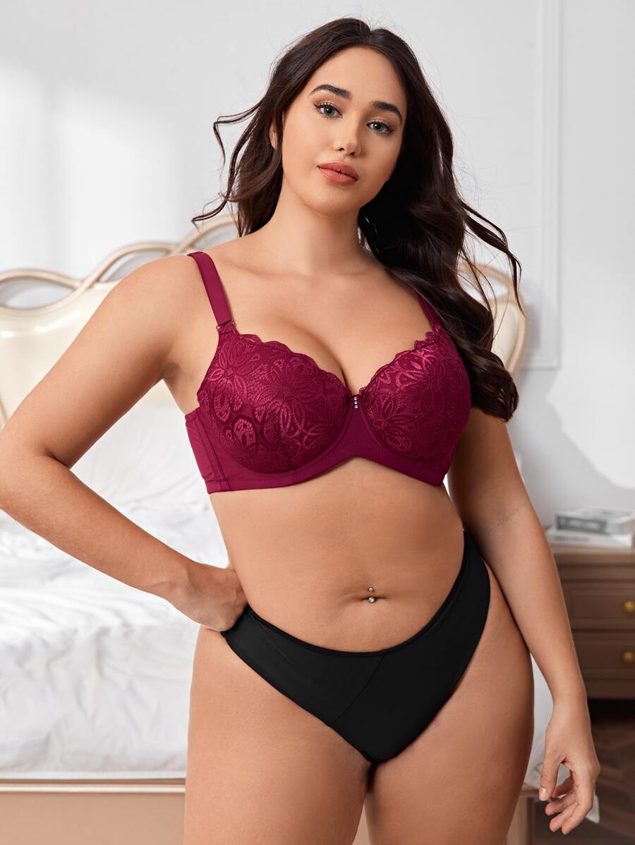 Sujetador push up con encaje en contraste - Burdeos - Ver 1