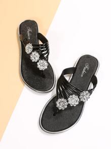 女士們派對平底涼鞋帶水鑽細節和腳趾環 - 黑色 - 查看 4