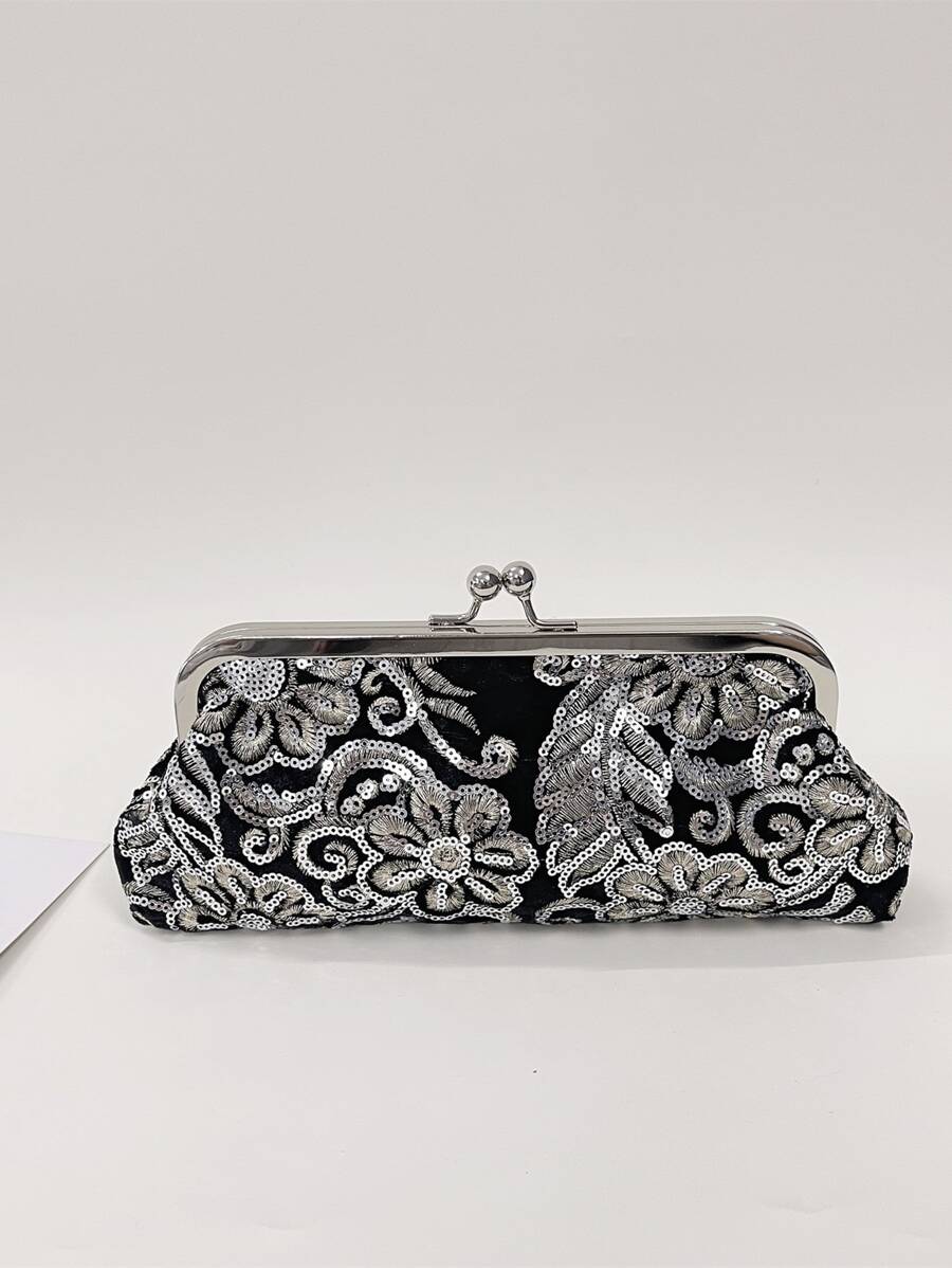 Sequin Decor Floral Embroidered Kiss Lock Evening Bag - Multicolor - View 1