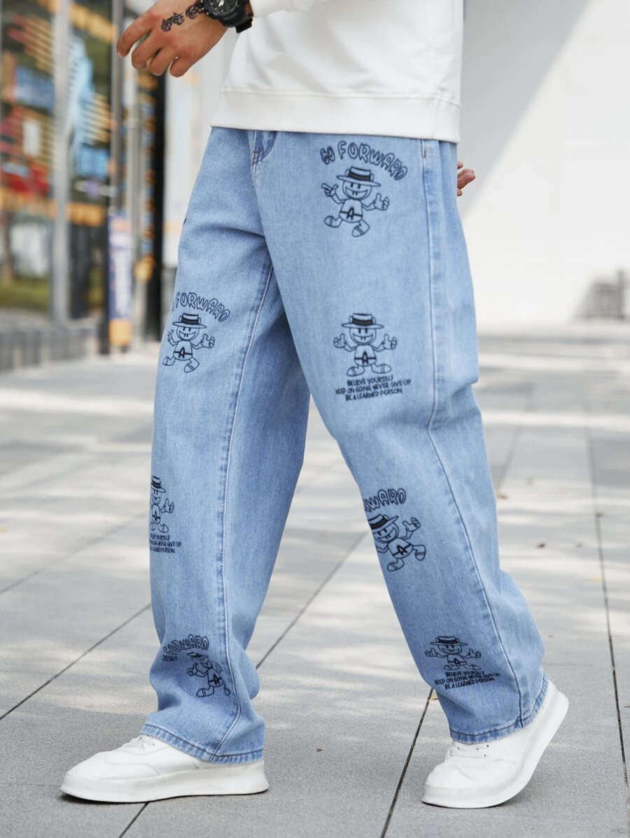 Manfinity Men's Loose Fit Cartoon & Letter Graphic Straight Leg Jeans - Light Wash - View 1
