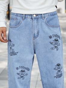Manfinity Men's Loose Fit Cartoon & Letter Graphic Straight Leg Jeans - Light Wash - View 4