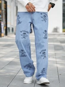 Manfinity Men's Loose Fit Cartoon & Letter Graphic Straight Leg Jeans - Light Wash - View 5