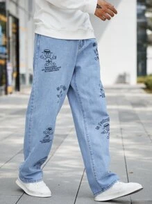 Manfinity Men's Loose Fit Cartoon & Letter Graphic Straight Leg Jeans - Light Wash - View 6