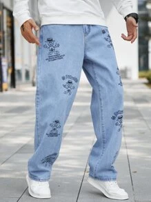 Manfinity Men's Loose Fit Cartoon & Letter Graphic Straight Leg Jeans - Light Wash - View 7
