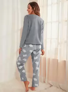 Bear & Letter Embroidered Flannel PJ Set / Fluffy Pajama Set, Fall Winter Clothes, Cozy - Grey - View 2