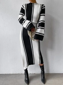 RosyDaze Vestido de punto con patrón de rayas bajo con abertura - Blanco y Negro - Ver 4