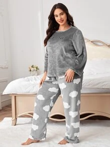 Plus Cloud Print Lông mi thêu Flannelette PJ Set / Bộ đồ ngủ - Xám - Xem 3