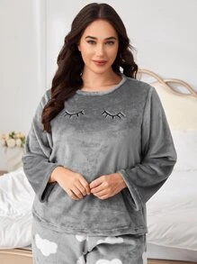 Plus Cloud Print Lông mi thêu Flannelette PJ Set / Bộ đồ ngủ - Xám - Xem 4