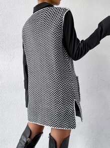 1入組鋸齒圖案雙口袋下擺開叉毛衣背心不附腰帶 - 黑與白 - 查看 2