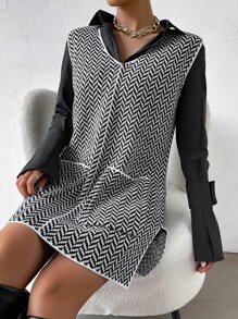 1入組鋸齒圖案雙口袋下擺開叉毛衣背心不附腰帶 - 黑與白 - 查看 4