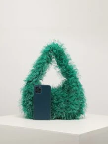 毛茸茸、柔软、毛绒绒的极简主义蓬松流浪包，适合女孩、女士、大学生、新人及白领人士，适合工作、办公室、通勤、秋冬季、温暖冬季、户外、派对、舞会、婚礼，新款女士皮草包 - 綠色 - 查看 4
