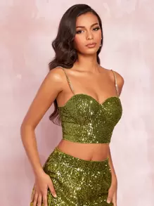 SHEIN BAE Chain Sequin Cami Top - Olive Green - View 1