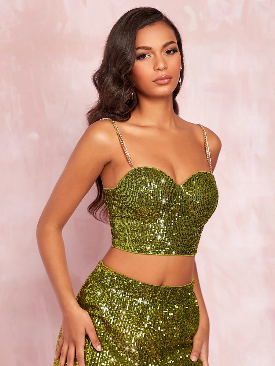 SHEIN BAE Chain Sequin Cami Top - Olive Green - View 1