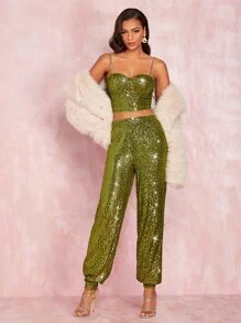 SHEIN BAE Chain Sequin Cami Top - Olive Green - View 3