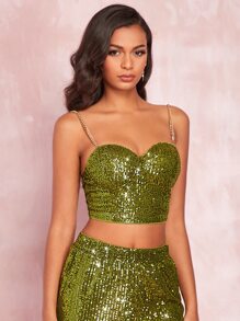 SHEIN BAE Chain Sequin Cami Top - Olive Green - View 4