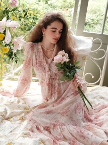 Allover Floral Print Tie Neck Ruffle Hem Dress - Multicolor - View 1