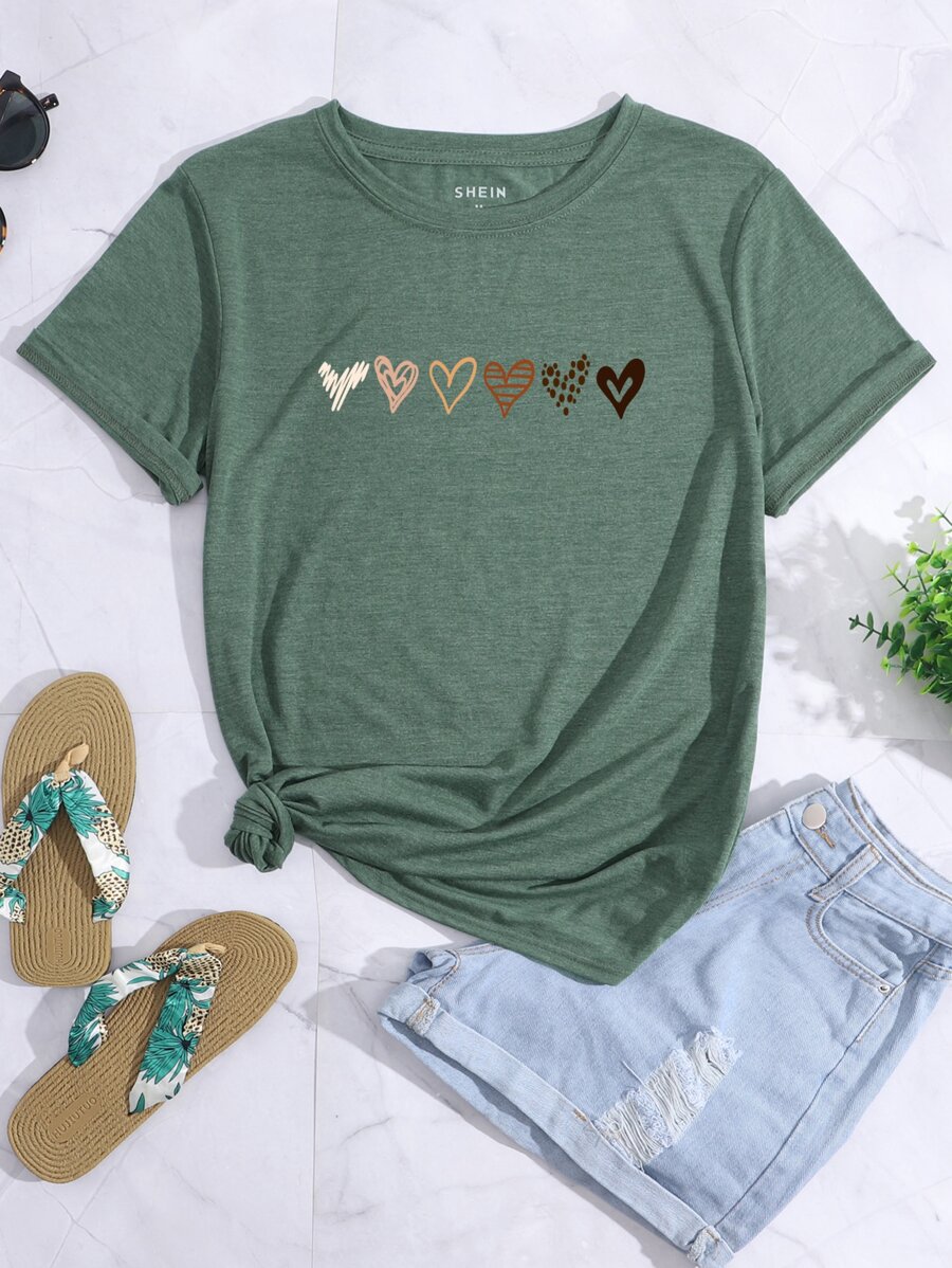 INAWLY Camiseta con estampado de corazón, camisetas gráficas para mujer - Verde - Ver 1