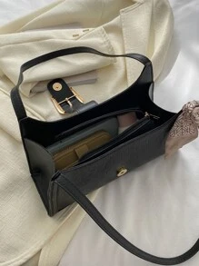 鱷魚壓花棍形包扣和紗巾裝飾pu材質,日常肩背包,輕量便攜,追求簡約時尚的女性、新手和白領工作者,送女友、送女士禮品都很合適,適用於辦公室、工作、商務、通勤、購物等場合。 - 黑色 - 查看 4