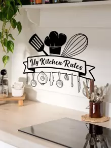 1 Stück Geschirr & Slogan Grafik Wandaufkleber, modernes Schild Design Wandtattoo für Heim Dekoration, Aufkleber, Wandtattoo, Vinyl Aufkleber für Heim Dekorationen, Frühlings Dekorationsartikel um Ihr Zuhause aufzufrischen, Festdekoration Aufkleber Geschenke Geburtstag Abschluss Küchen Deko - Schwarz - Übersicht 4