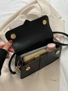 簡約翻蓋方形包時尚馬鞍包百搭挎包翻蓋手提包適合購物利基設計包 - 黑色 - 查看 6