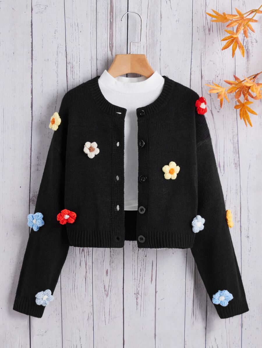 SHEIN Girls 1pc Floral Appliques Drop Shoulder Cardigan