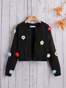 SHEIN Girls 1pc Floral Appliques Drop Shoulder Cardigan