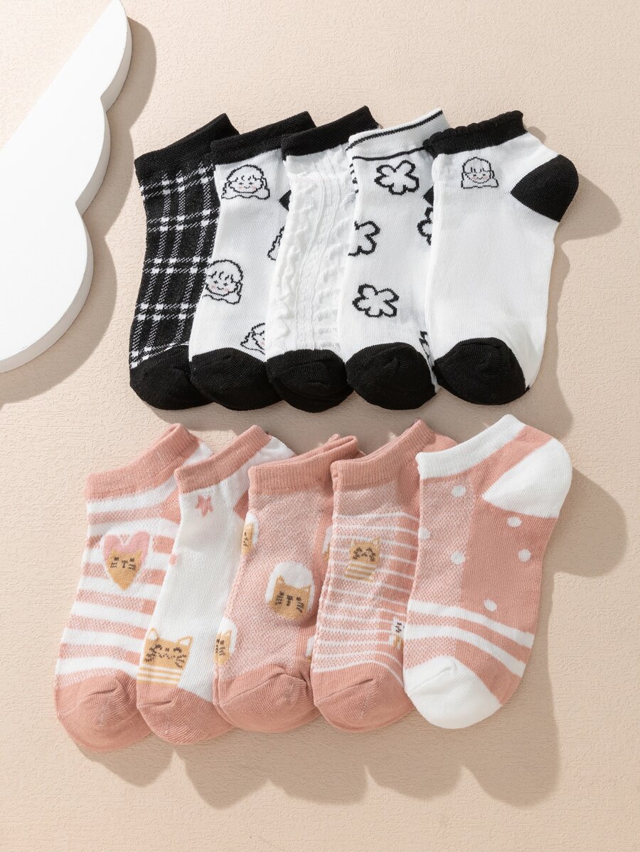 10pairs Girls Heart & Striped Pattern Vớ mắt cá chân - Nhiều màu - Xem 1
