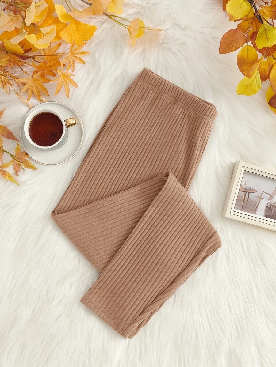 SHEIN Essnce 大碼條紋針織緊身打底褲 - 杏色 - 查看 1