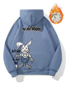 Manfinity Men Rabbit & Slogan Graphic Kangaroo Pocket Drawstring Thermal Hoodie - Dusty Blue - View 1