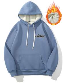 Manfinity Men Rabbit & Slogan Graphic Kangaroo Pocket Drawstring Thermal Hoodie - Dusty Blue - View 2