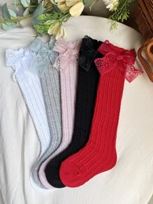 5 Pairs Girls Solid Color Bow Knee High Socks, Suitable For 3-16 Years Old Girls Daily Life, Autumn/Winter - Multicolor - View 3