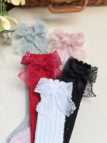 5 Pairs Girls Solid Color Bow Knee High Socks, Suitable For 3-16 Years Old Girls Daily Life, Autumn/Winter - Multicolor - View 6