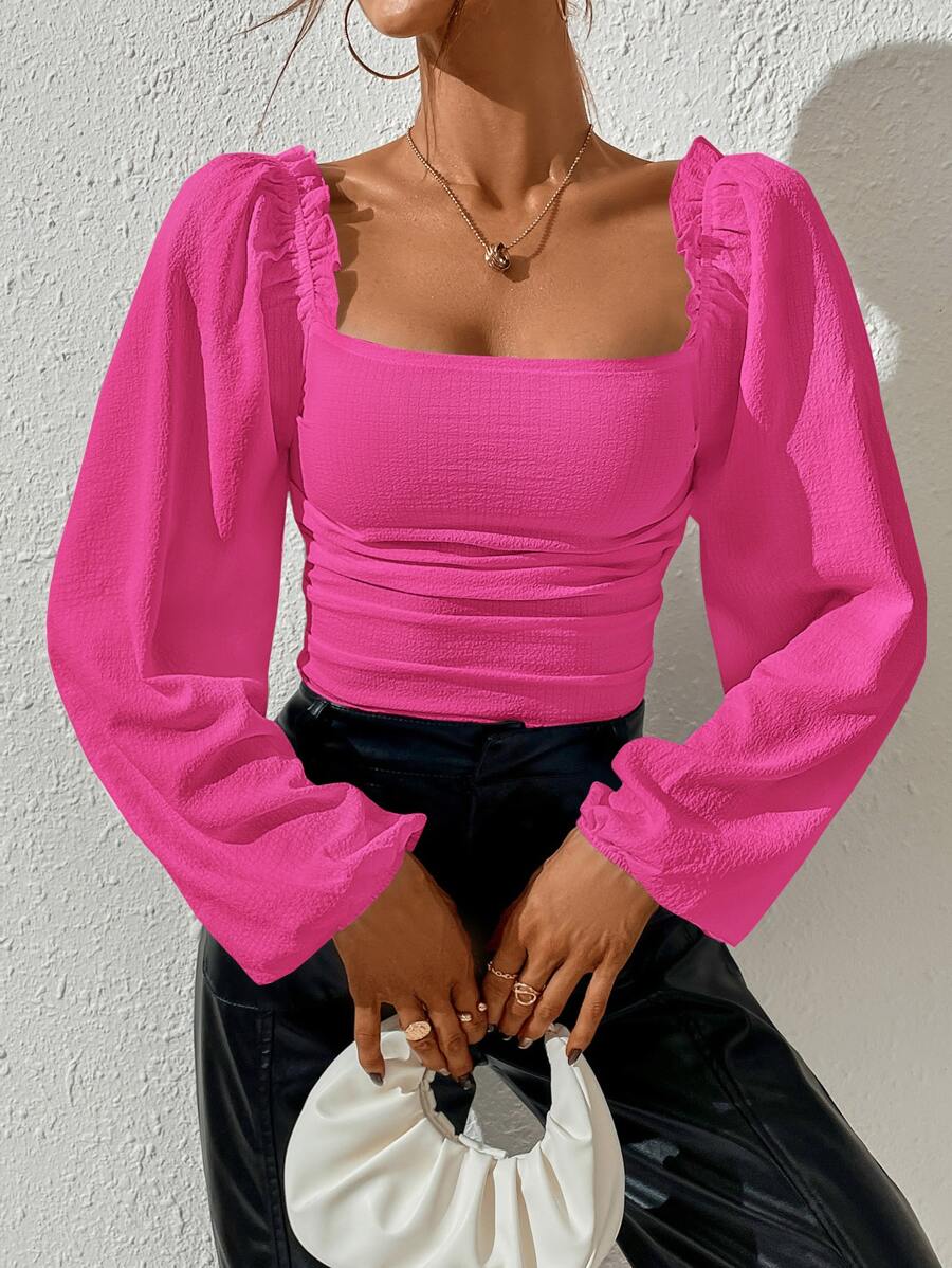 SHEIN Privé Square Neck Bishop Sleeve White Blouse - Hot Pink - View 1