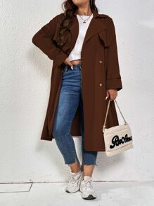SHEIN LUNE Plus Double Breasted Trench Coat - Coffee Brown - View 2