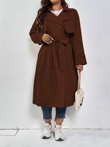 SHEIN LUNE Plus Double Breasted Trench Coat - Coffee Brown - View 4