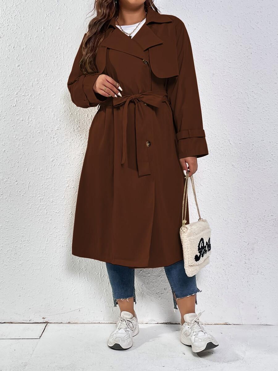 SHEIN LUNE Plus Double Breasted Trench Coat - Coffee Brown - View 1