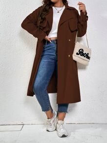 SHEIN LUNE Plus Double Breasted Trench Coat - Coffee Brown - View 5
